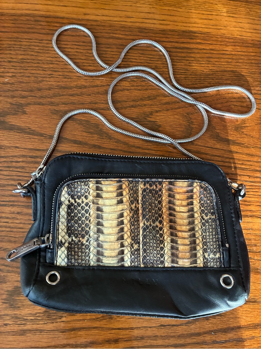 MILLY Black Leather Snakeskin Exotic Crossbody Bag Silver Chain Small Purse